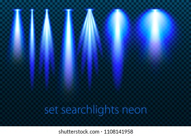 Set of neon searchlights on a transparent background. Bright lighting with spotlights. The searchlight is blue. vector illustration art