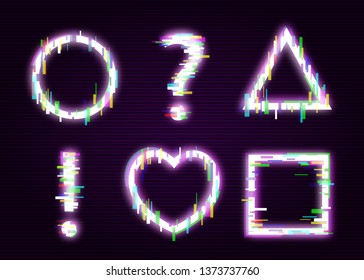 Set of neon shapes with glitch effect abstract style, vector illustration isolated on black background. Glowing distorted glitch geometric frames and question mark and exclamation point svg
