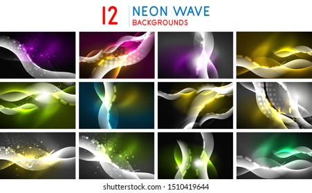 Set of neon shiny abstract wave backgrounds, dynamic energy motion concepts with blurred line elements. Flowing technology banners. Vector art