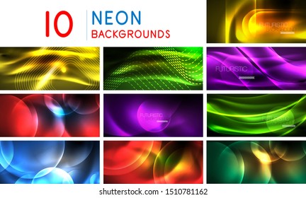 Set of neon shiny abstract wave backgrounds, dynamic energy motion concepts with blurred line elements. Flowing technology banners. Vector art