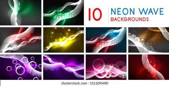 Conjunto de fondos de ondas abstractas brillantes de neón, conceptos de movimiento de energía dinámica con elementos de línea borrosa. Banners tecnológicos flotantes. Arte vectorial