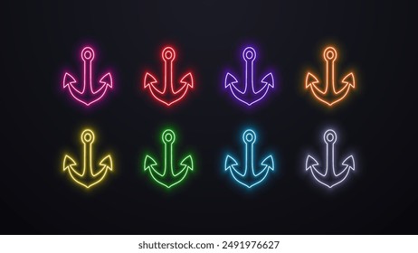 Eine Reihe von neonglänzenden Ankern in verschiedenen Farben auf einem dunklen Hintergrund
