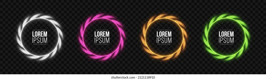 Set of neon shiny ring. Luxury decorative circles. Multicolored frames with glitter light effect.