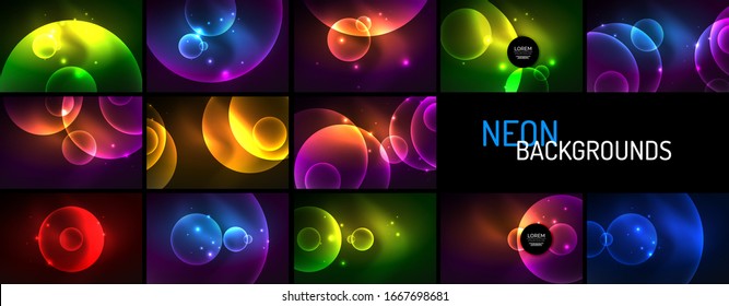 Set of neon shiny transparent glowing circles with light effects. Techno futuristic vector abstract backgrounds For Wallpaper, Banner, Background, Card, Book Illustration, landing page