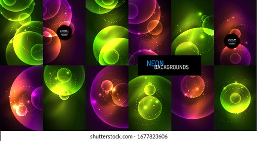 Conjunto de círculos brillantes transparentes neones brillantes con efectos de luz. Fondos abstractos vectoriales futuristas Para papel tapiz, banner, fondo, tarjeta, ilustración del libro, página de inicio