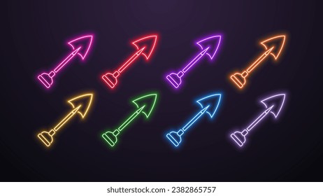 A set of neon shovel icons in bright different colors on a dark background.