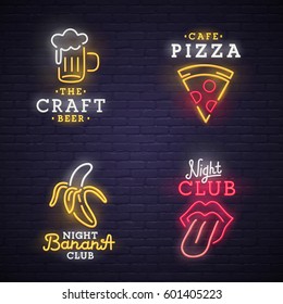 Set neon sign. Neon sign, bright signboard, light banner. 