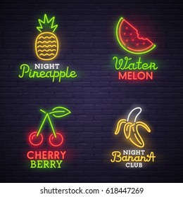 Set neon sign. bright signboard, light banner. Neon logo, emblem. Fruit neon