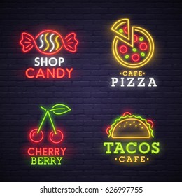 Set neon sign. bright signboard, light banner. Neon logo, emblem. Food neon