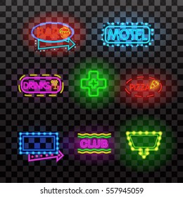 Set of neon sign light at night  transparent background vector illustration, isolated bright glowing electric advertise illuminated banner for graphic design or icons