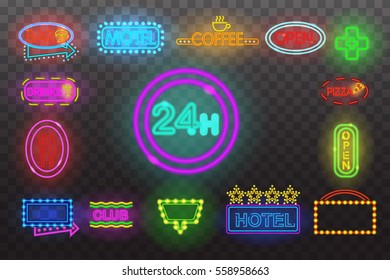 Set of neon sign light at night  transparent background vector illustration, isolated bright glowing electric advertise illuminated banner for graphic design or icons