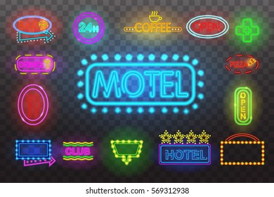 Set of neon sign light at night  transparent background vector illustration, isolated bright glowing electric advertise illuminated banner for graphic design or icons