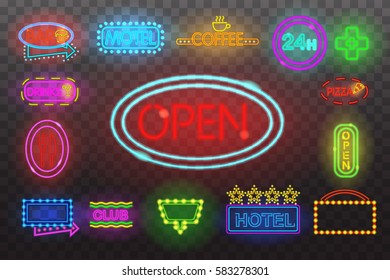Set of neon sign light at night  transparent background vector illustration, isolated bright glowing electric advertise illuminated banner for graphic design or icons