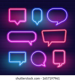 Set of neon sign speech bubble isolated on brick wall background. Frame for border speech. Vector illustration.
