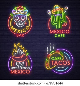 Set neon sign theme Mexico. bright signboard, light banner. Mexico food logo, emblem. 