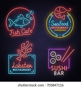 Set Neon Sign Theme Sea Food. Bright Signboard, Light Banner. Cafe And Bar Logo, Emblem. 