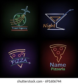 Set neon sign theme summer. bright signboard, light banner. Summer logo, emblem.