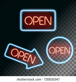 Set of neon sign with the word open on a transparent background. Stock vector illustration.