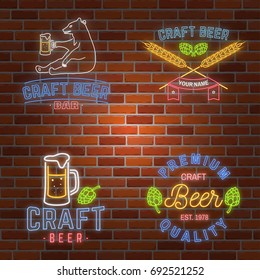 Set of neon signboard Craft Beer Bar with hops, barley and pint of beer on brick wall background. Vector illustration. Vintage design for bar, pub and restaurant business.