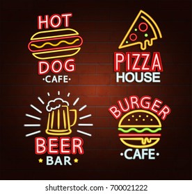 Set of Neon signs of beer bar, hot dog cafe, pizza house, burger cafe bright signboard, light banner. Neons Logos, emblems and symbols. Vector illustration.