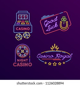 Set of neon signs, bright signage. Light indicators, neon signs, glowing elements. Concept casino, gaming, gambling, roulette. Good luck and achievement, night casino royal club. Vector illustration.