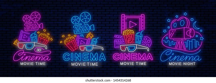 Set of neon signs for the cinema. Vector glowing neon signs for the design of poster, banner, billboard and more. Logo, emblem, icon for cinema.