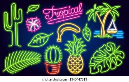 Set of neon signs and icons. Cactus and pineapple, tropical plants, palm trees and leaves. Night bright signboard, Glowing light banner. Summer logo for Club or bar on dark background. Editable vector