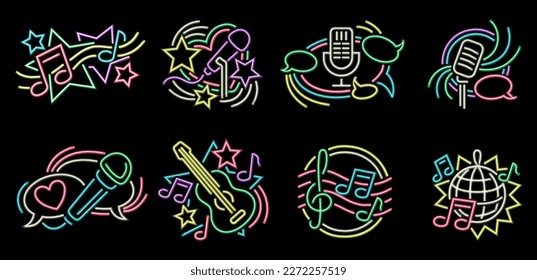 Set of neon signs for karaoke. Microphone, guitar and sheet music. Logo for night club and bar. Stand up comedy show and music party. Cartoon flat vector illustrations isolated on black background