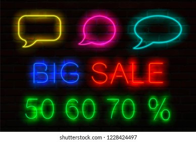 Set of neon signs with luminous for sales. Speech bubbles, title Big Sale and 50, 60, 70 per cent sale off. Neon elements for design banner, flyer, card and other advertising materials.Vector.