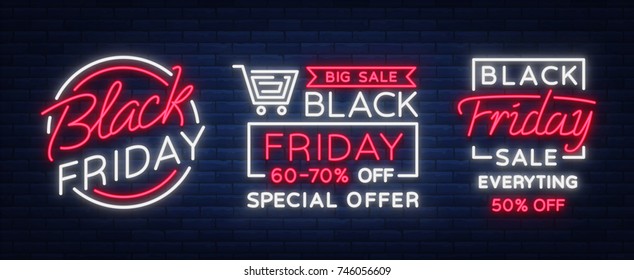 Set of neon signs, posters, brochures on the Black Friday sale. Glowing neon sign, bright glowing advertising, discounts on sales Black Friday. Vector illustration