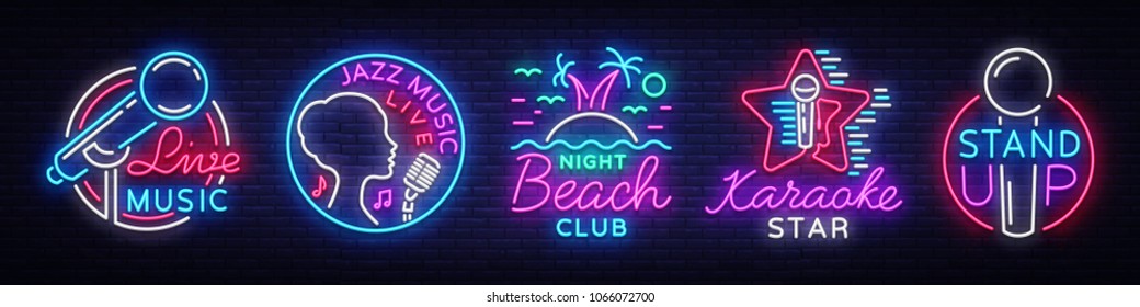 Set neon signs symbols. Live Music, Jazz Music, Nightclub Beach, Karaoke, Stand up logos and emblems. Bright Symbols, Light Banner, Night Bright Advertising Nightlife. Vector illustration