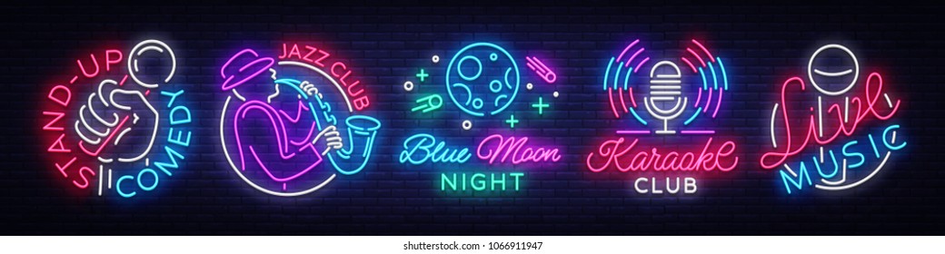 Establece símbolos de signos de neón. Música en vivo, música de jazz, club nocturno Blue Moon, karaoke, logos y emblemas de Stand up. Símbolos Luminosos, Banner Ligero, Publicidad Nocturna Brillante, Vida Nocturna. Ilustración del vector