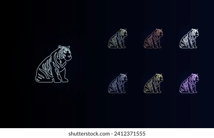 A set of neon sitting tiger symbols. Set of different color symbols, faint neon glow. Vector illustration on black background