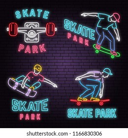 Set of neon skate park sign on brick wall background. Vector illustration. Neon design for skate park emblems, gym signs related health and gym business. Night bright advertisement with skateboarder