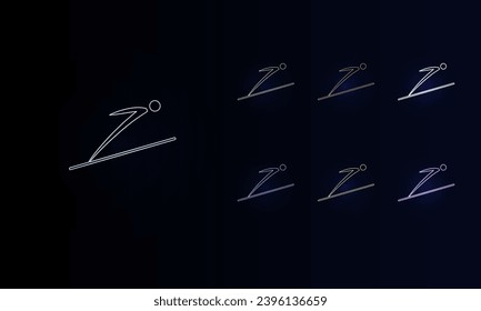 A set of neon Ski jumping symbols. Set of different color symbols, faint neon glow. Vector illustration on black background