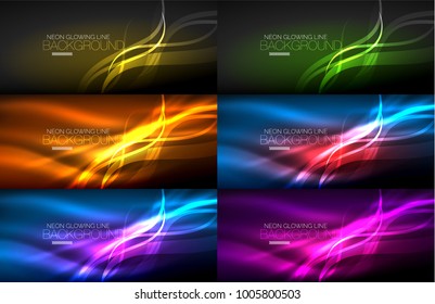 Conjunto de ondas luminosas nítidas y luminosas en los fondos abstractos digitales oscuros y vectoriales