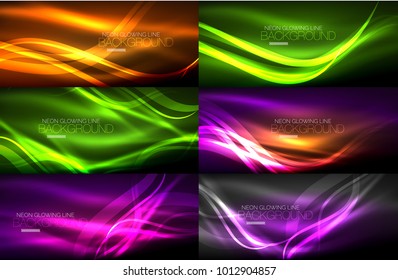 Set of neon smooth light glowing waves in the dark, vector digital abstract backgrounds