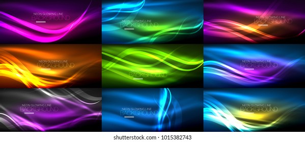 Set of neon smooth light glowing waves in the dark, vector digital abstract backgrounds
