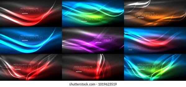 Conjunto de ondas luminosas nítidas y luminosas en los fondos abstractos digitales oscuros y vectoriales