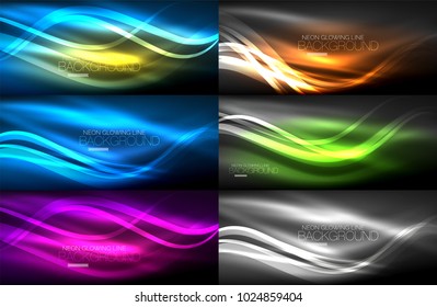 Set of neon smooth light glowing waves in the dark, vector digital abstract backgrounds
