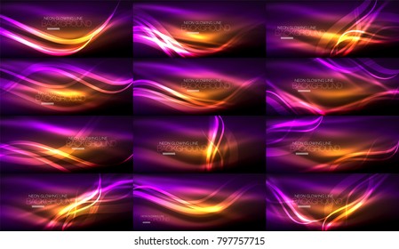 Conjunto de ondas luminosas nítidas y luminosas en los fondos abstractos digitales oscuros y vectoriales