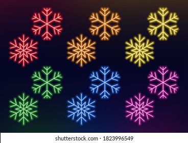 Conjunto de copos de nieve de neón en diferentes colores. Símbolo de invierno. Nieve brillante.