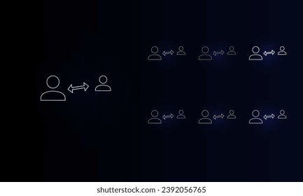 A set of neon social distance symbols. Set of different color symbols, faint neon glow. Vector illustration on black background