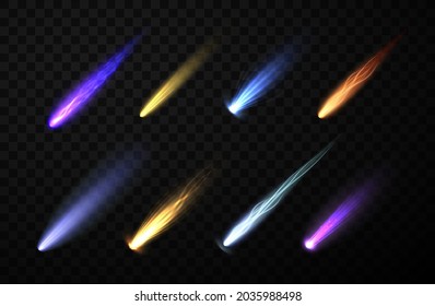 Set of neon space falling down comets, meteorites and asteroids realistic vector illustration. Meteors fire trails isolated on black transparent. Fireball and star glowing gas and dust tails at galaxy