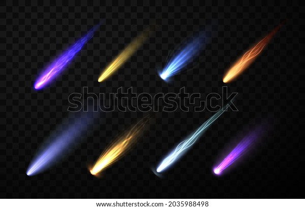 Set of neon space falling down comets, meteorites\
and asteroids realistic vector illustration. Meteors fire trails\
isolated on black transparent. Fireball and star glowing gas and\
dust tails at galaxy