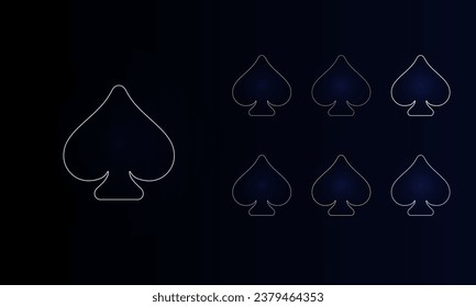 A set of neon spades. Set of different color symbols, faint neon glow. Vector illustration on black background