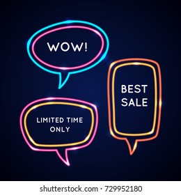 Set neon speech bubbles and blank template for quotes. Vector illustration