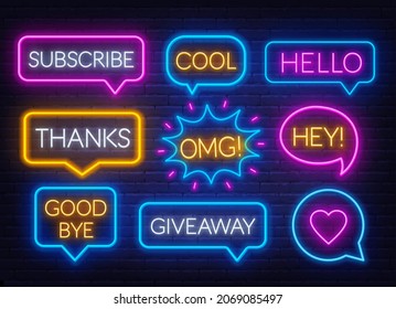 Set of neon speech bubbles signs subscribe, omg, hello, giveaway, cool, goodbye, thank you, like.