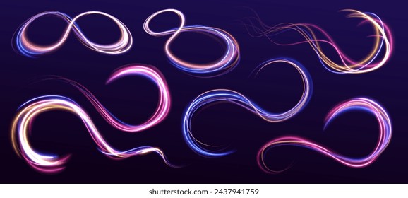 Set von Neon Speed Linien auf transparentem Hintergrund. Neonfarbige leuchtende Linien Hintergrund, High-Speed-Lichtspuren Effekt.	