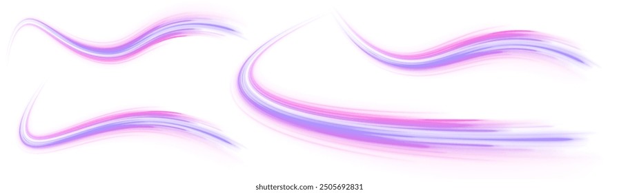 Set of neon speed lines on transparent background PNG. Big data traffic visualization, dynamic high speed data streaming traffic.	